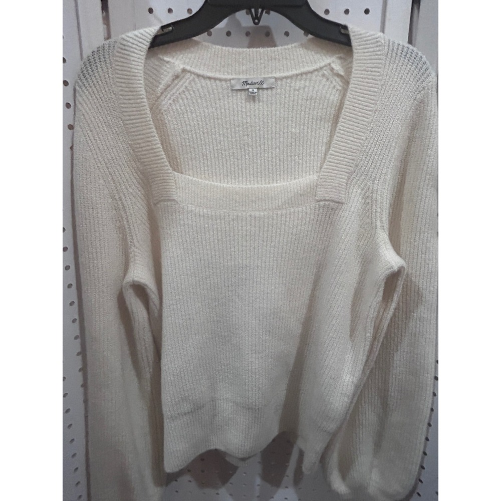 Madewell Cream Square Neck Ribbed Knit Sweater Long Sleeve Balloon Sleeve M - Picture 2 of 6